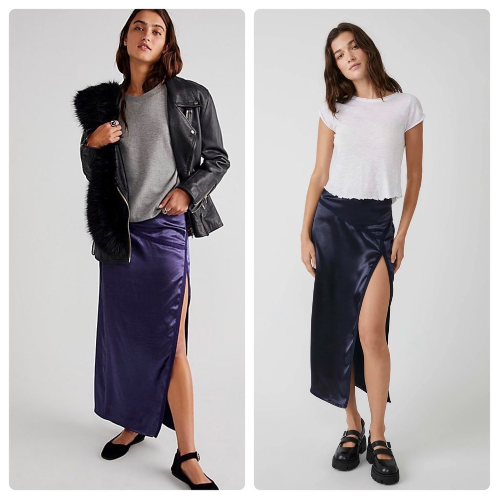 NWT Free People Dakota Satin Slit Midi Skirt Navy Blue, XS